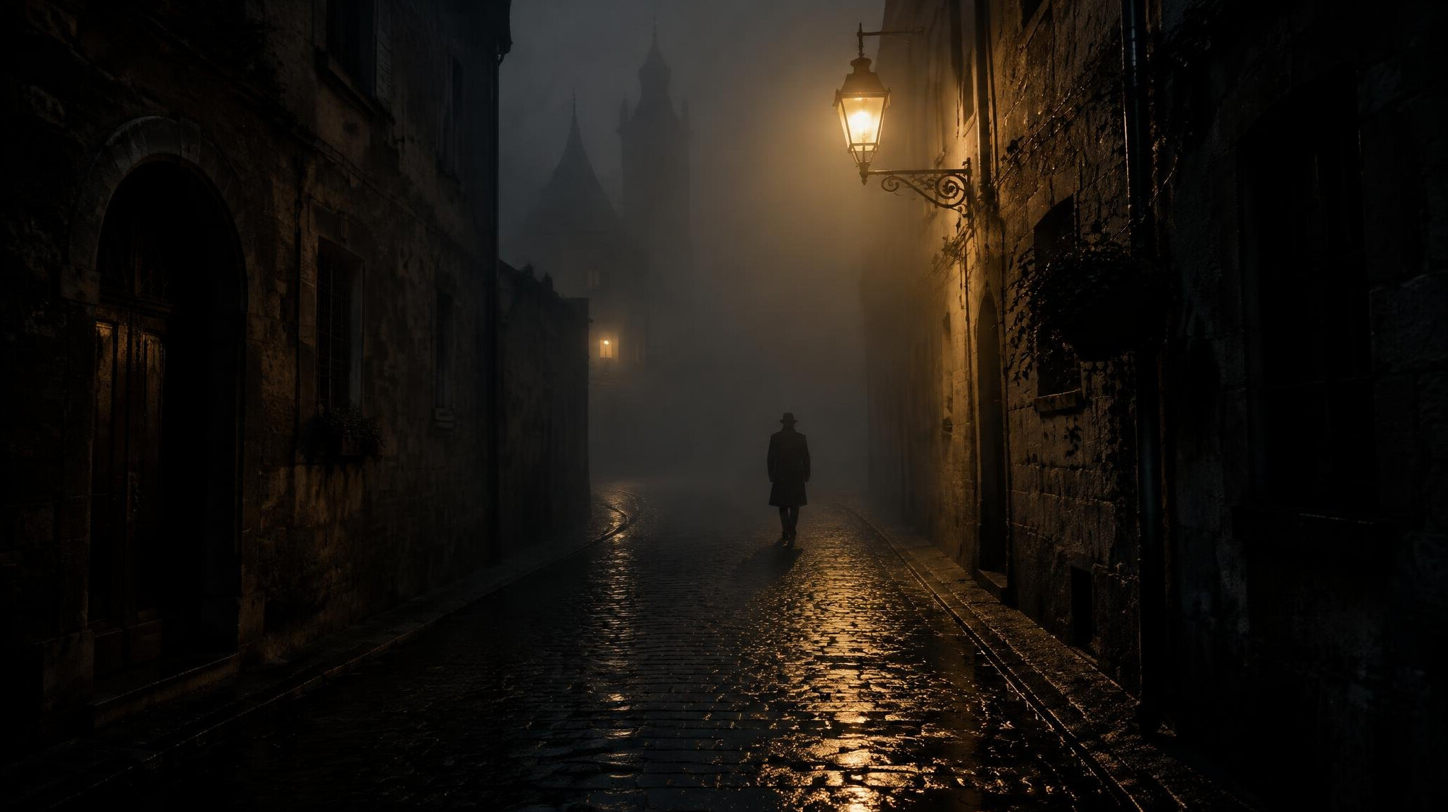 Foggy cobblestone alley at night with a single glowing street lamp