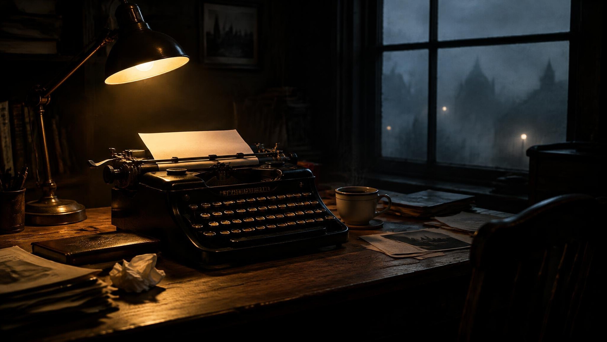 Vintage typewriter on a wooden desk lit by a warm lamp at night
