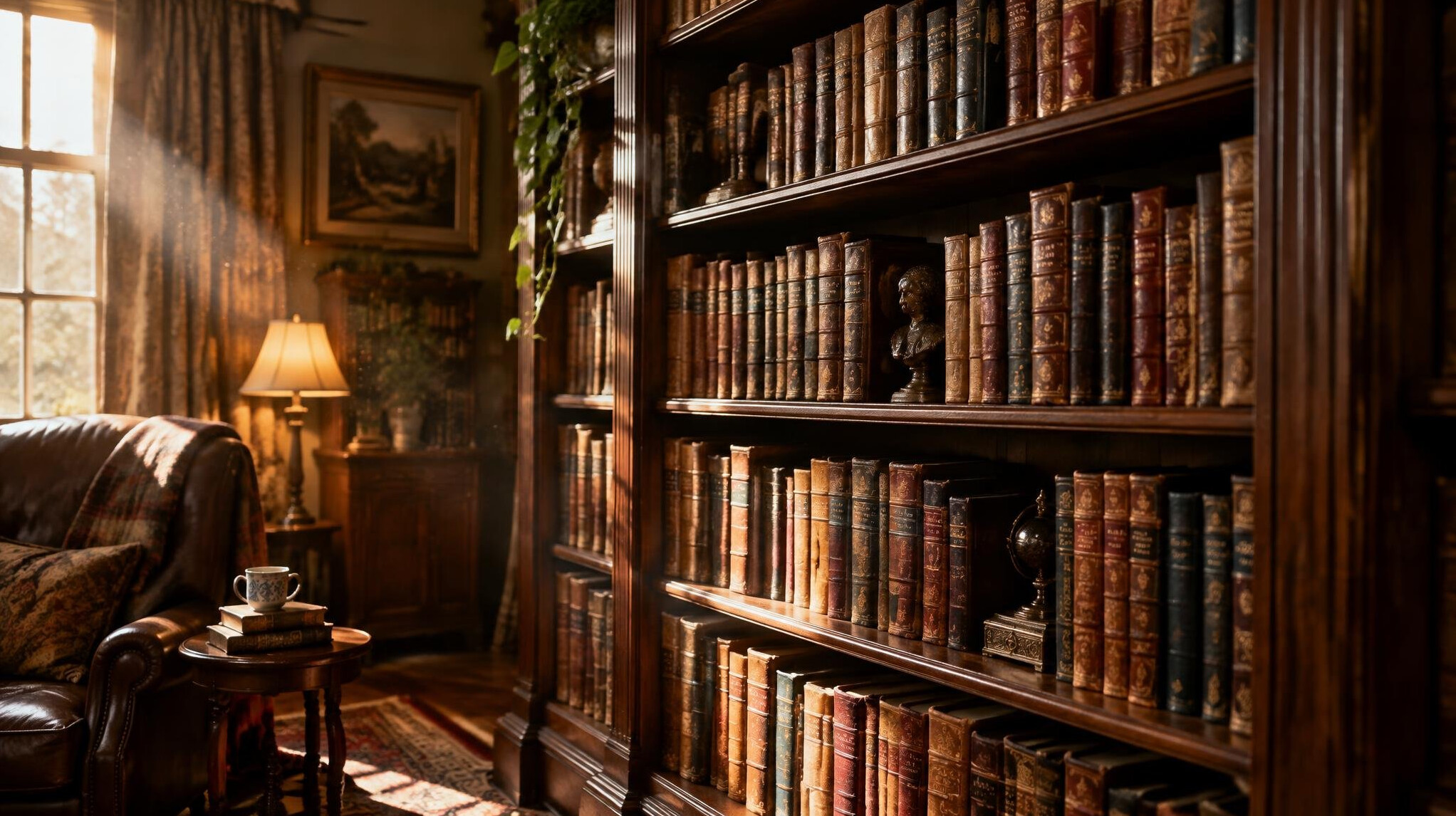 Tall wooden bookshelf filled with old hardcover novels