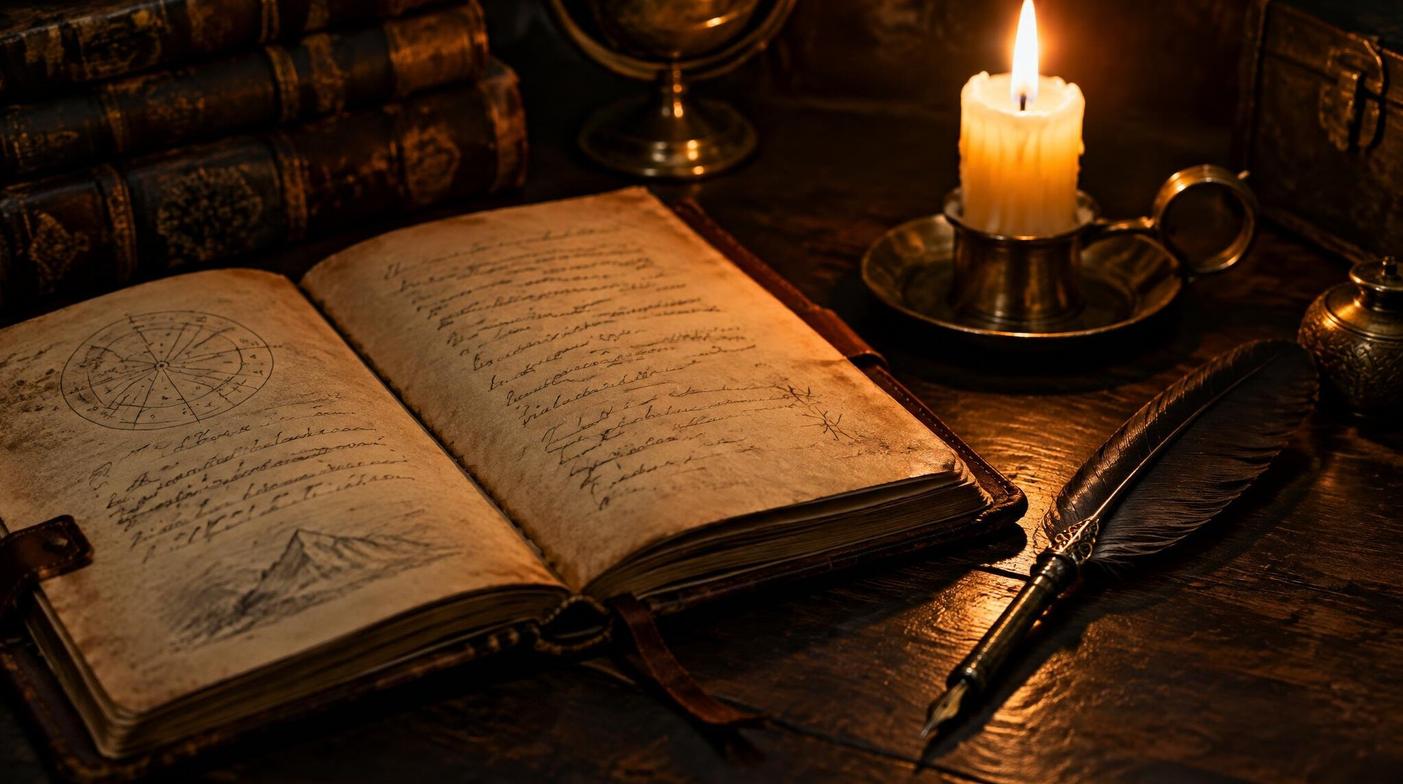 Open leather notebook with a lit candle and an antique quill pen